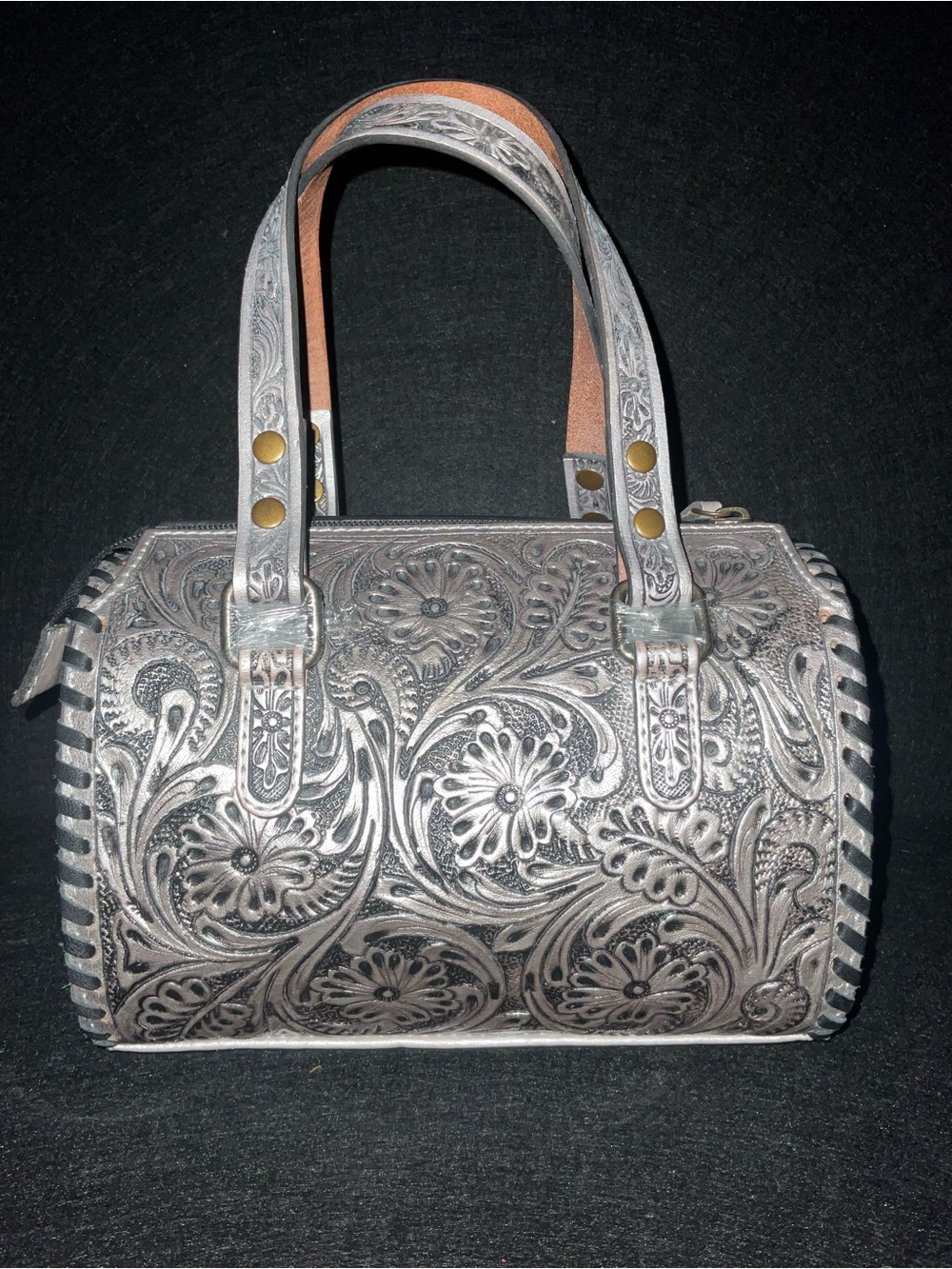 Silver Tooled Western Floral Leather Speedy Bags w/adjustable detachable strap